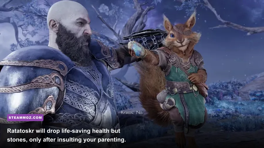 The spectral runic summon Bitter Squirrel digging up stones in God of War