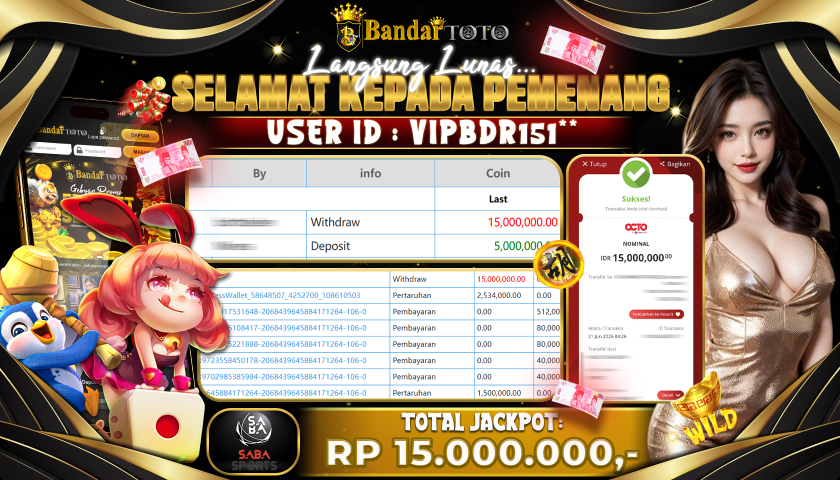 BANDARTOTO JACKPOT SBO-SABA SPORTS 15 JUTA DIBAYAR LUNAS,-