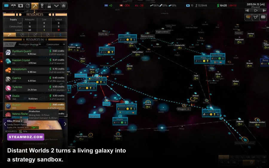 Distant Worlds 2 fleet battle above a star system in a large galaxy campaign