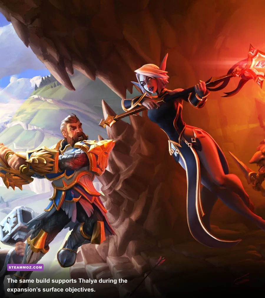Thalya leading creatures across a pirate island in Dungeons 3 Evil of the Caribbean
