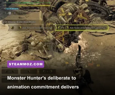 A hunter landing a Super Amped Element Discharge with a Charge Blade in Monster Hunter World