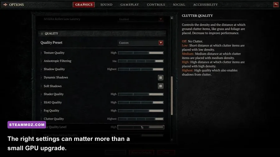 Diablo IV PC graphics settings menu showing texture quality and ray tracing options