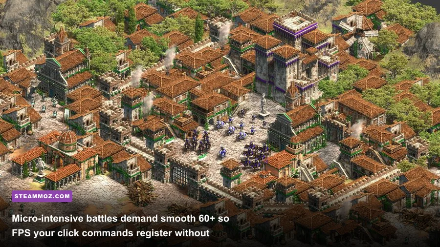 Arbalester micro defense against charging paladins beneath a defensive castle in AoE2