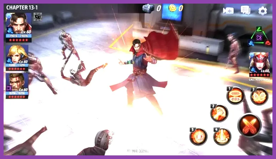 Marvel Future Fight Story Mission combat with a high-level team