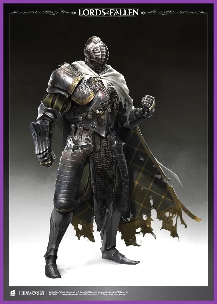 Character outfitted with maxed-out endgame defense gear in Lords of the Fallen