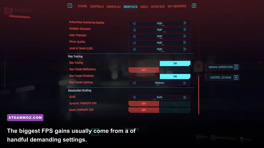 PC graphics settings menu showing DLSS ray tracing and performance options