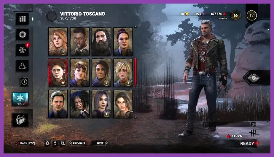 Dead by Daylight character roster showing multiple survivors and killers