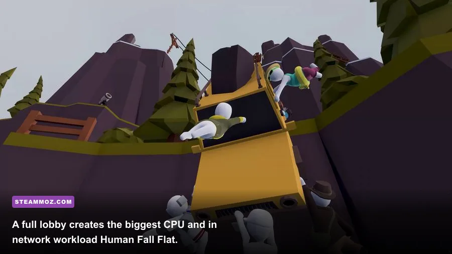 Eight Human Fall Flat players causing physics-based chaos together
