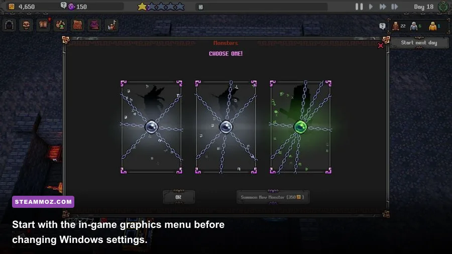Dungeon Tycoon graphics settings menu showing PC performance options