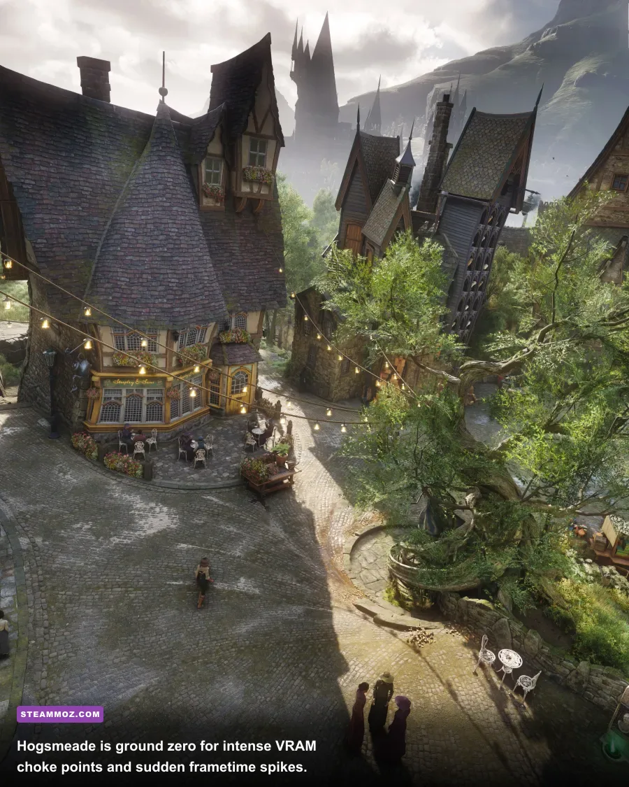 Player walking down a crowded cobblestone street in Hogsmeade in Hogwarts Legacy