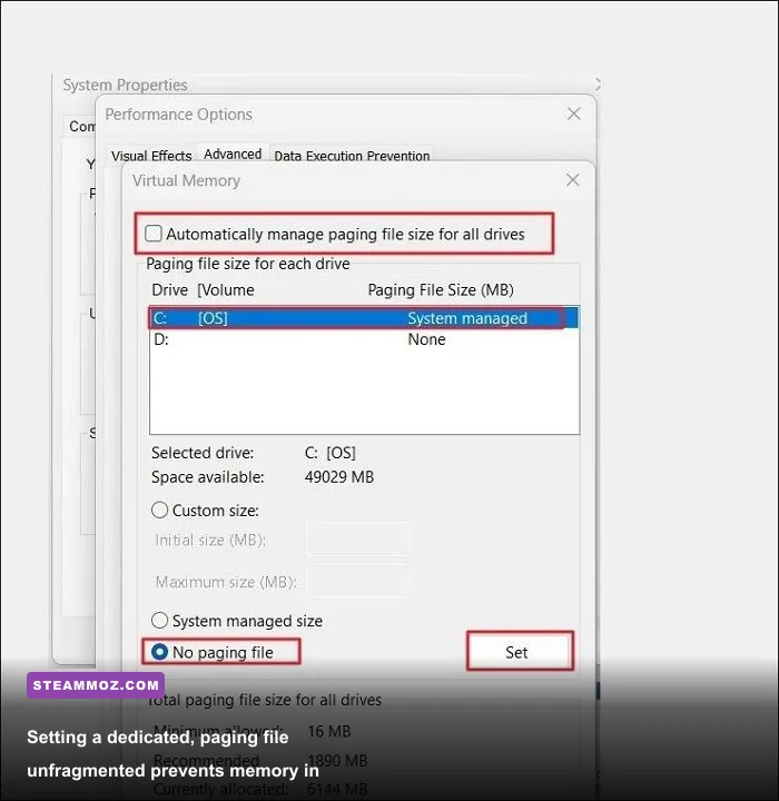 Windows virtual memory configuration window setting custom paging file size on NVMe SSD