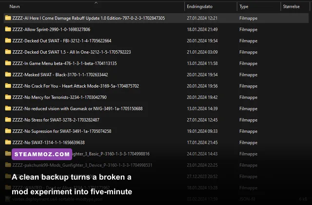 Windows game folder and backup configuration files used for mod troubleshooting