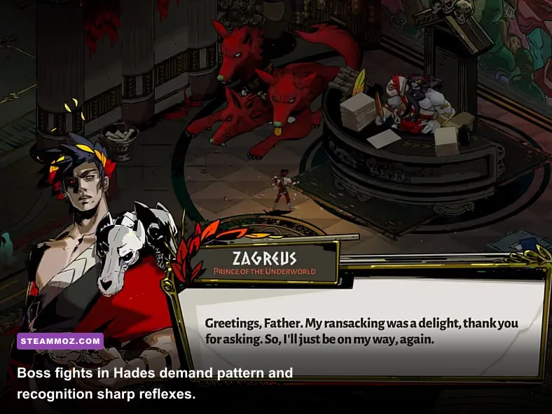Zagreus facing off against Hades in the Underworld throne room