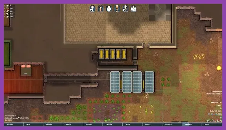 RimWorld endgame power grid with geothermal generators batteries and sun lamps