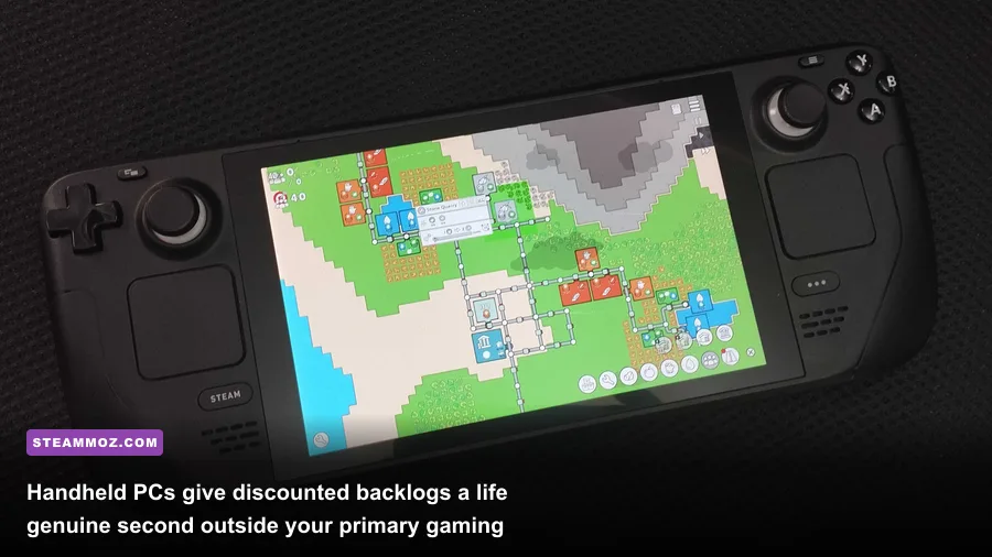 A Steam Deck running an indie RPG beside a high-end gaming monitor