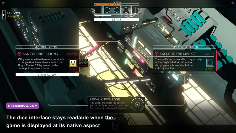 Citizen Sleeper dice-roll interface showing action dice and character stats