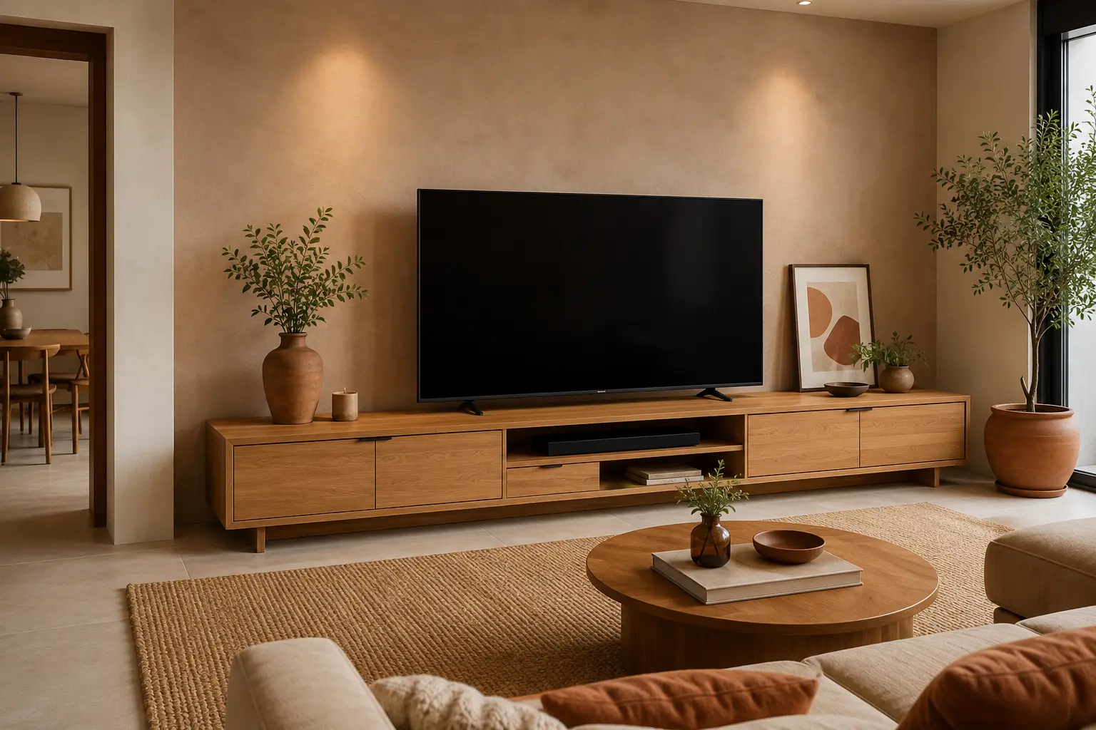 Modern living room featuring a wide wooden media console properly proportioned for a large flat-screen TV