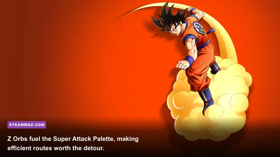 Dragon Ball Z Kakarot character collecting colorful Z Orbs above the open world