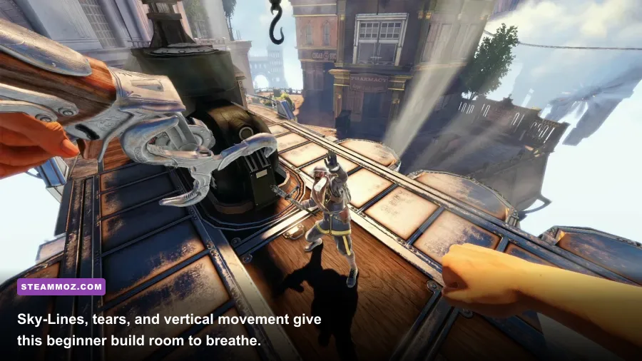 Booker fighting on a Sky-Line while Elizabeth opens a tear in BioShock Infinite