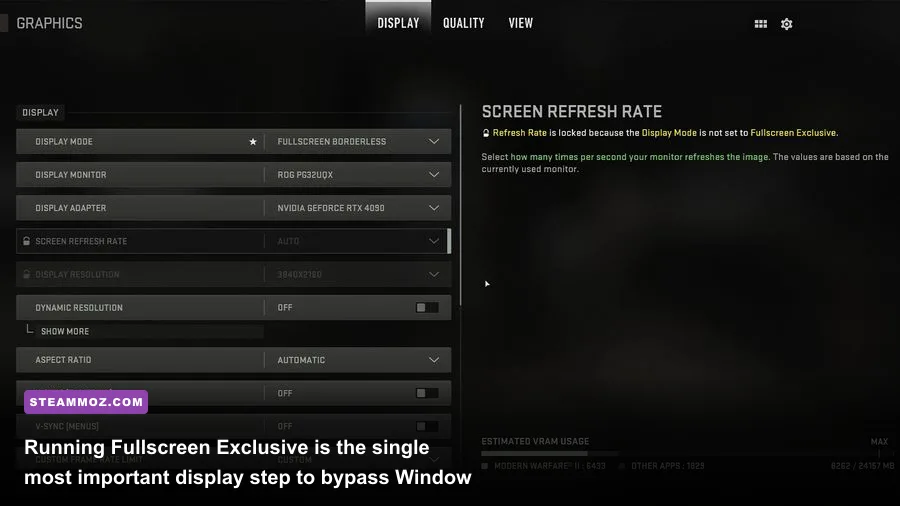 Call of Duty Modern Warfare 2 display configuration screen featuring fullscreen exclusive mode