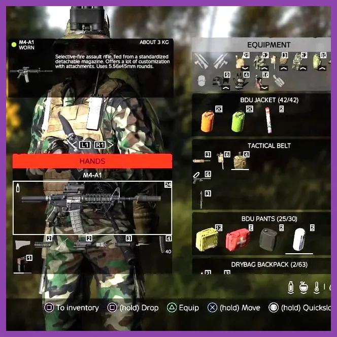 DayZ character inventory displaying Plate Carrier, DMR, M4A1, and medical supplies