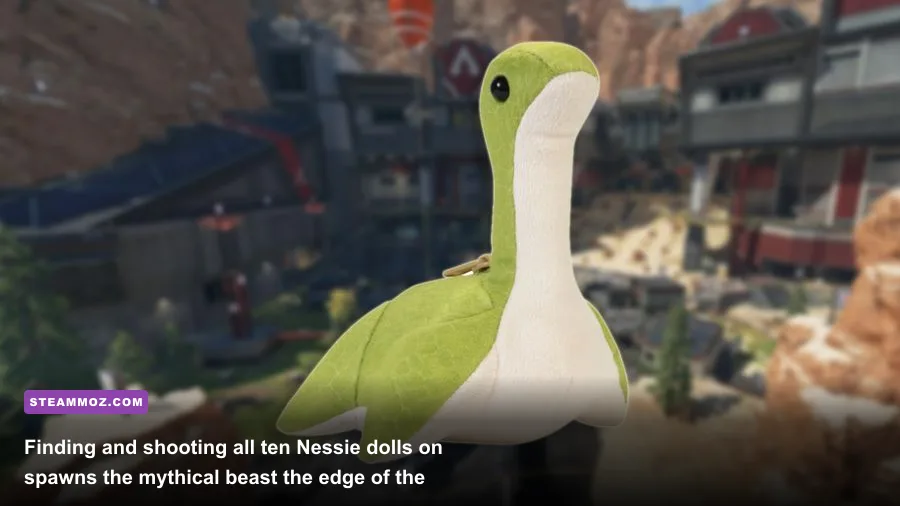 Green Nessie plush doll hidden inside Kings Canyon swamp area
