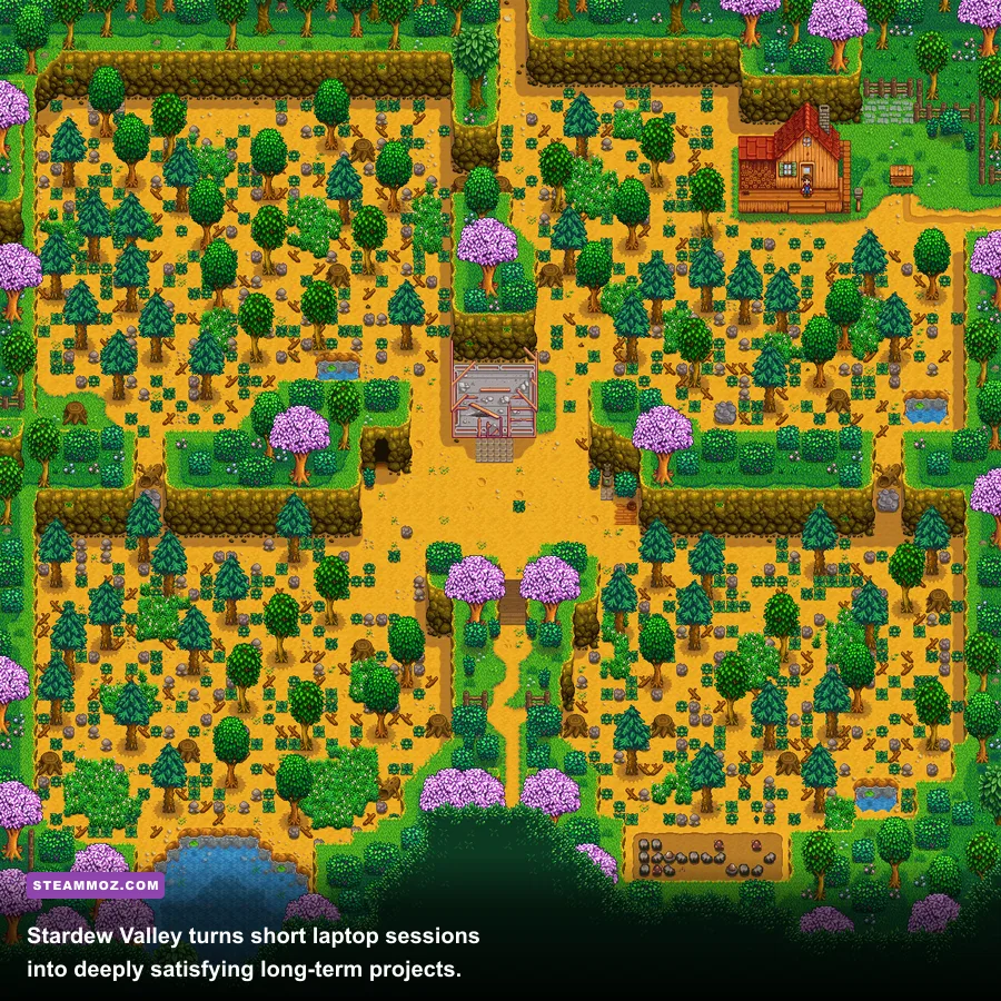 A developed Four Corners farm in Stardew Valley with crops, barns, and pathways
