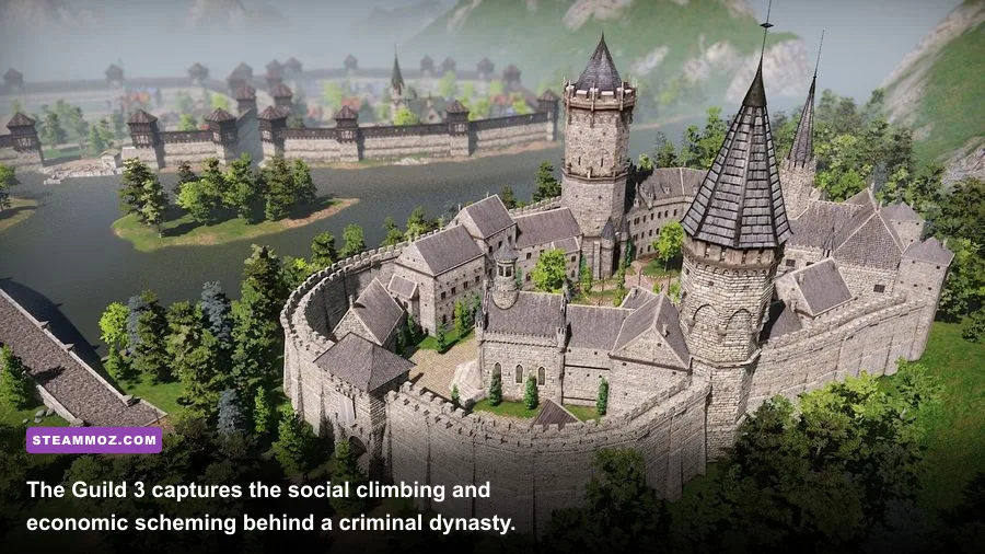 The Guild 3 gameplay showing a medieval city, businesses, and dynasty management