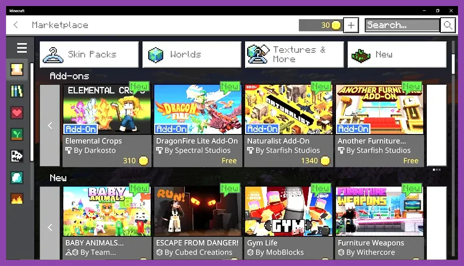 Minecraft PE in-game Marketplace tab featuring add-ons, skins, and custom worlds