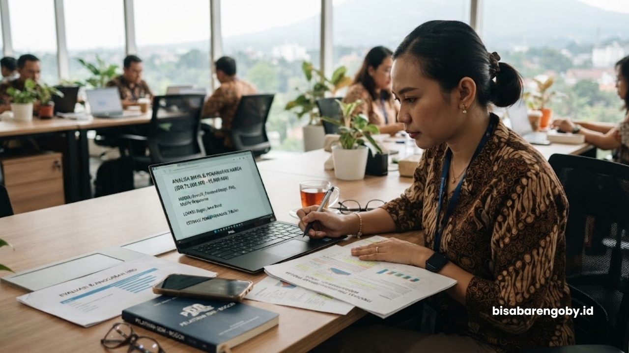 Manajer pelatihan SDM meninjau dokumen proposal saat mengevaluasi harga website sekolah untuk perusahaan di Bogor berbasis React
