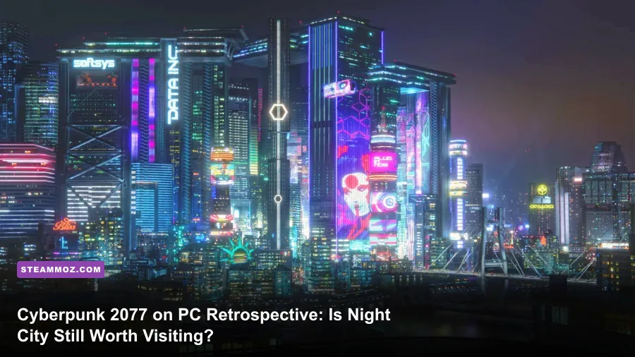 Night City skyline with neon reflections and rainy atmosphere in Cyberpunk 2077