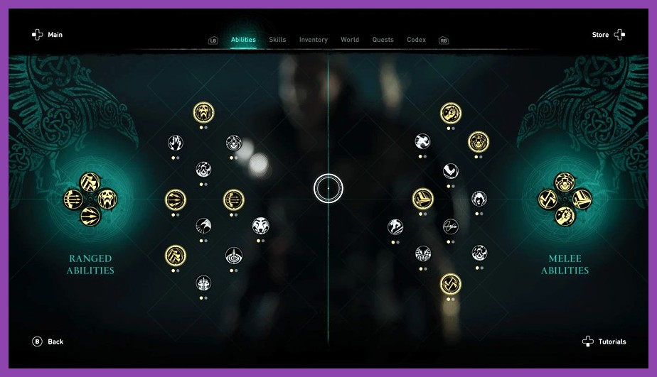 Screenshot showing the three skill tree branches: Bear, Wolf, and Raven