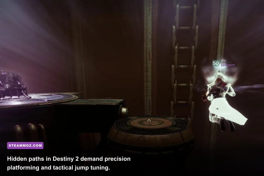 A Hunter performing precise parkour jumps across secret ledges in Destiny 2
