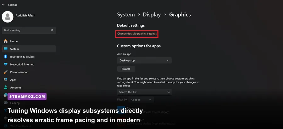 Windows 11 advanced graphics settings menu highlighting Hardware-Accelerated GPU Scheduling toggle