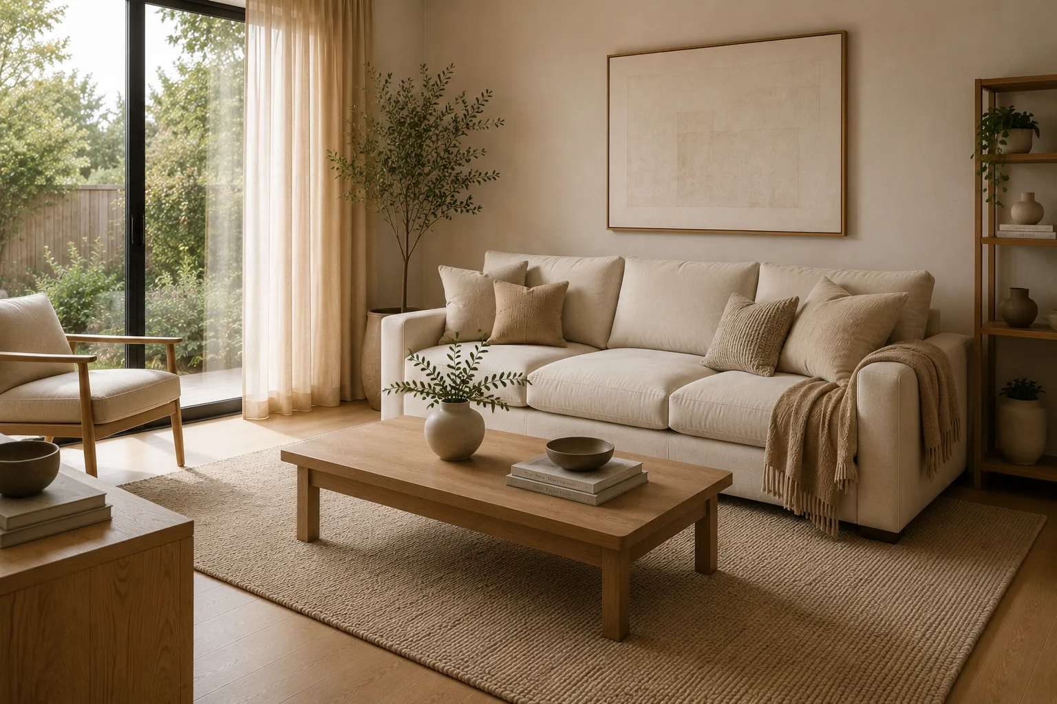 Standard sofa paired with a coffee table that is beautifully proportioned at two-thirds its length