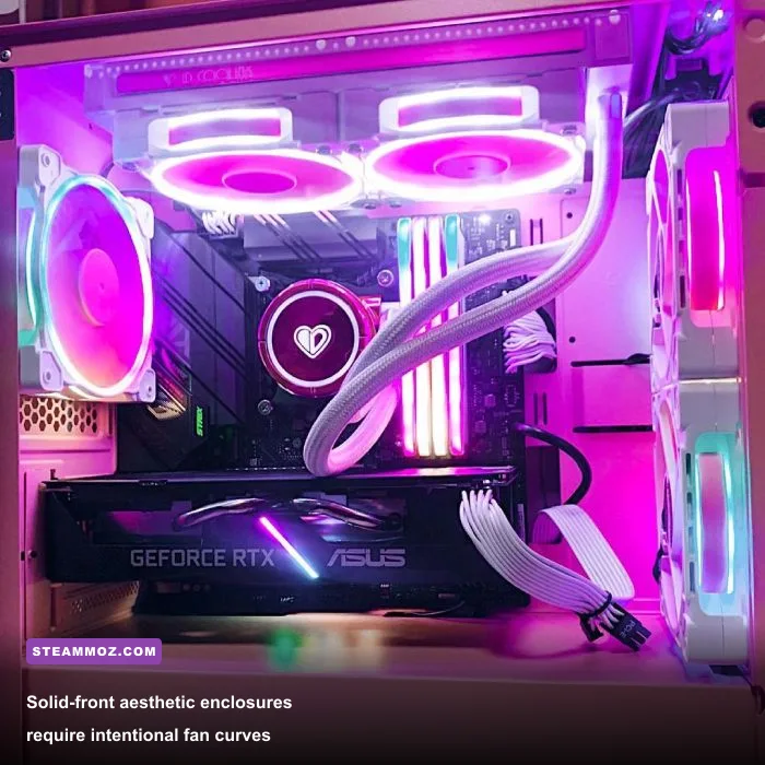 Interior view of a pink computer chassis showing liquid cooling and fan layout