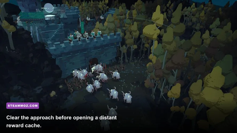 Cataclismo hero fighting monsters outside a defensive fortress at night