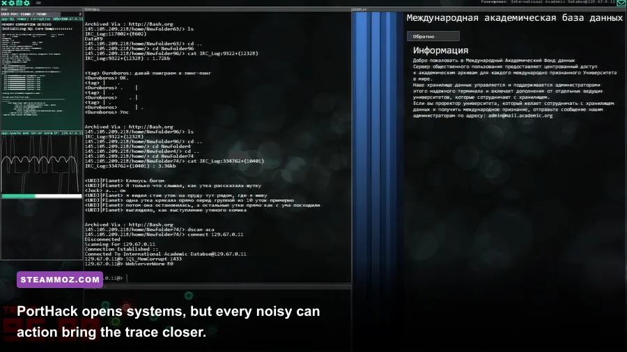 Hacknet PortHack command running while a trace countdown appears on screen