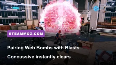 Spider-Man deploying a Web Bomb gadget against a crowd of armed criminals