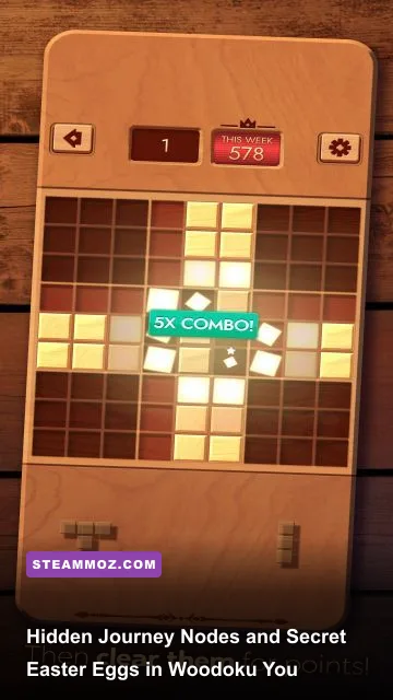Close-up of Woodoku 9x9 wooden grid gameplay with polyomino blocks being placed