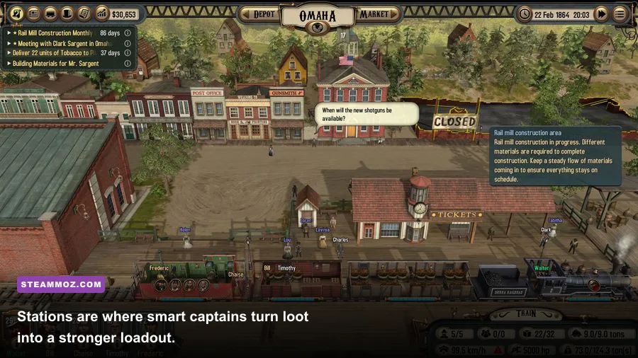 Bounty Train locomotive stopped at a frontier station while the player manages upgrades