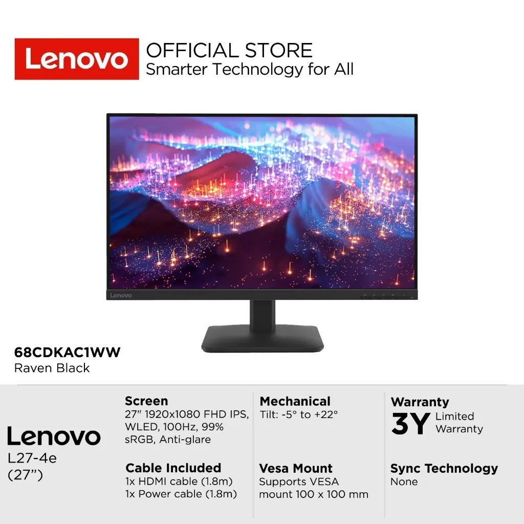 Lenovo Monitor L27-4e C1WW 27" FHD IPS 3-side NearEdgeless WLED 100Hz 99% sRGB Antiglare Stand Tilt VESA Mount HDMI VGA Monitor 27inch 68CDKAC1WW Raven Black Garansi Resmi Lenovo Indonesia 3 Tahun