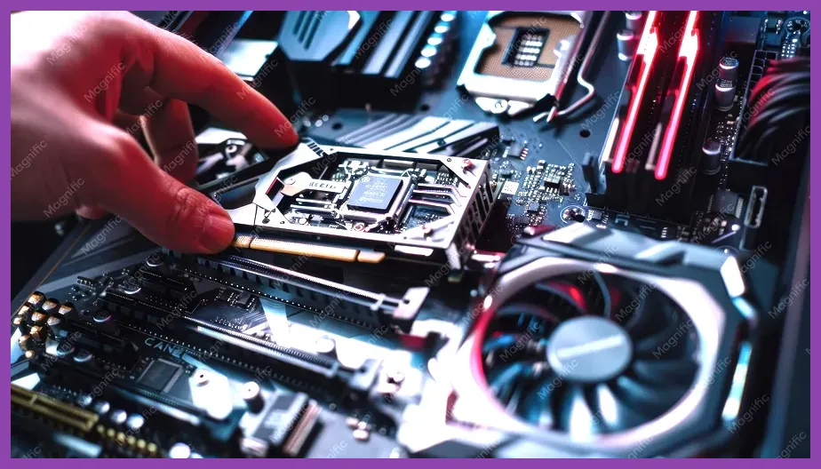 Dedicated GPU installed in a gaming motherboard slot