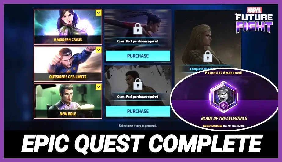 Marvel Future Fight Epic Quest menu showing deluxe mission crystal cashback and rewards