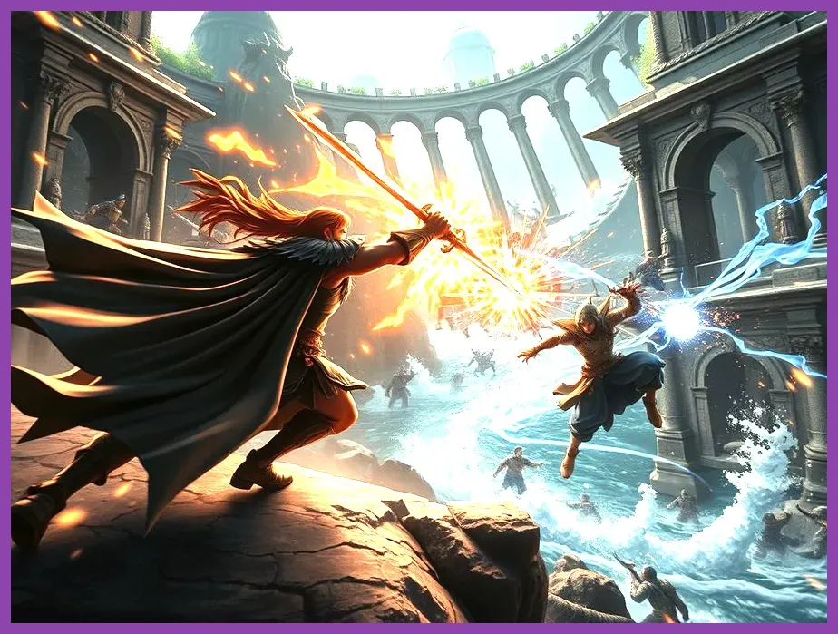 Action RPG character fighting a massive boss enemy