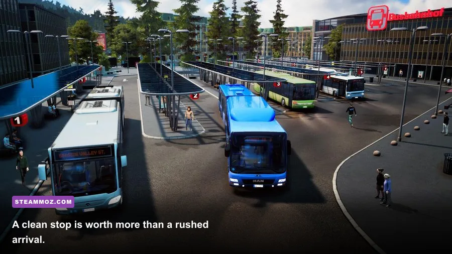 Passengers boarding a city bus at a stop in Bus Driver Simulator