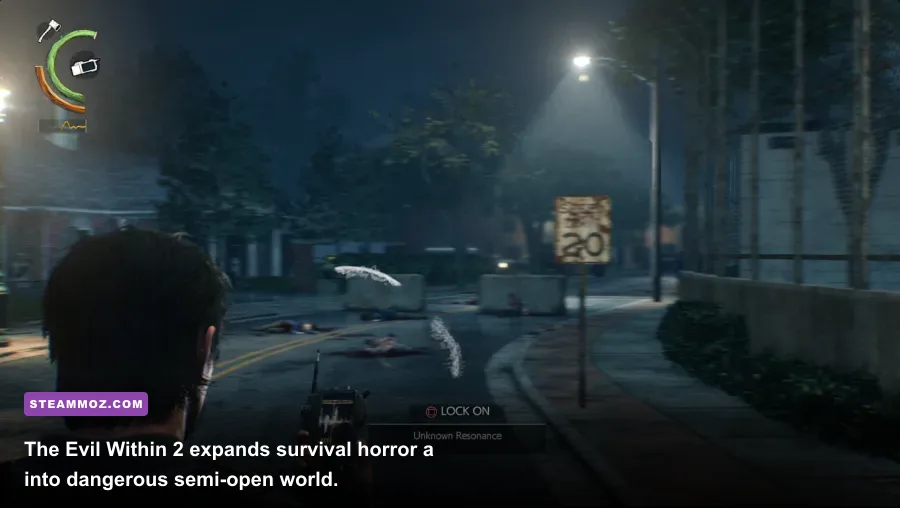 The Evil Within 2 screenshot showing Sebastian Castellanos exploring a ruined Union street