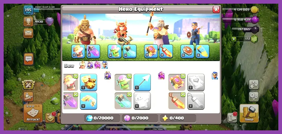 Clash of Clans hero equipment menu showing Epic and Common gear