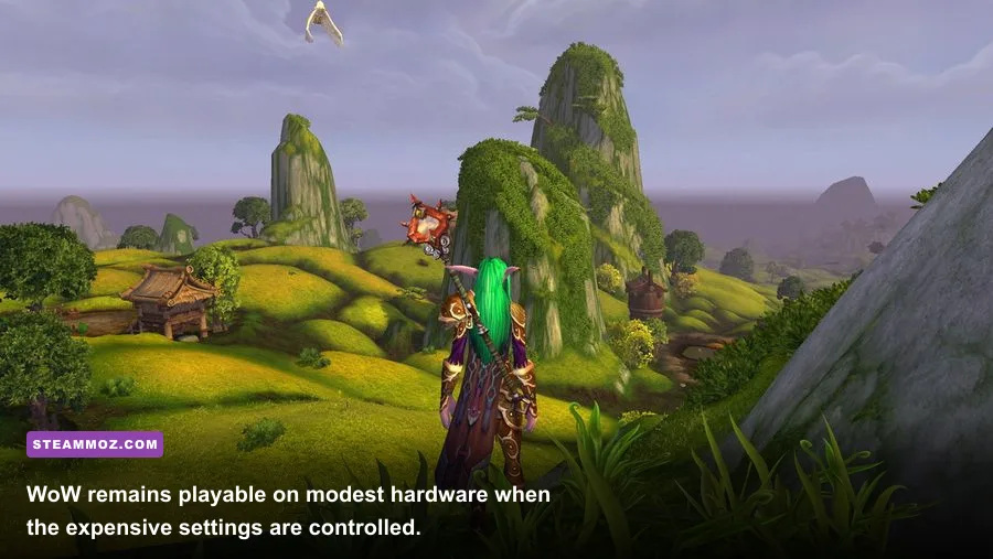 World of Warcraft running at optimized low and medium graphics settings