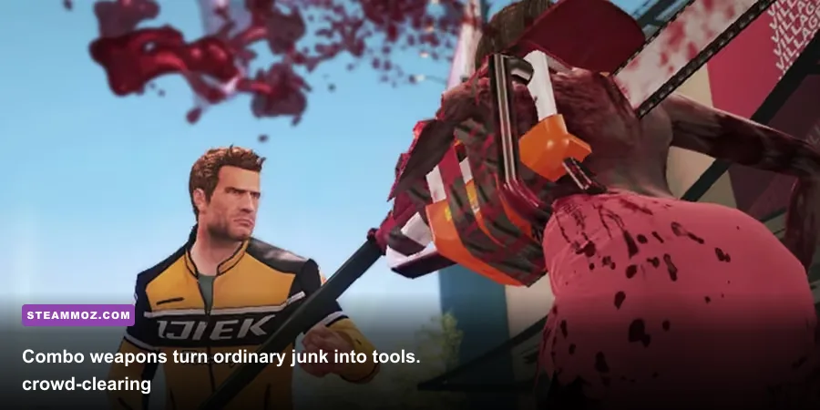 Chuck Greene using a combo weapon against zombies in Dead Rising 2